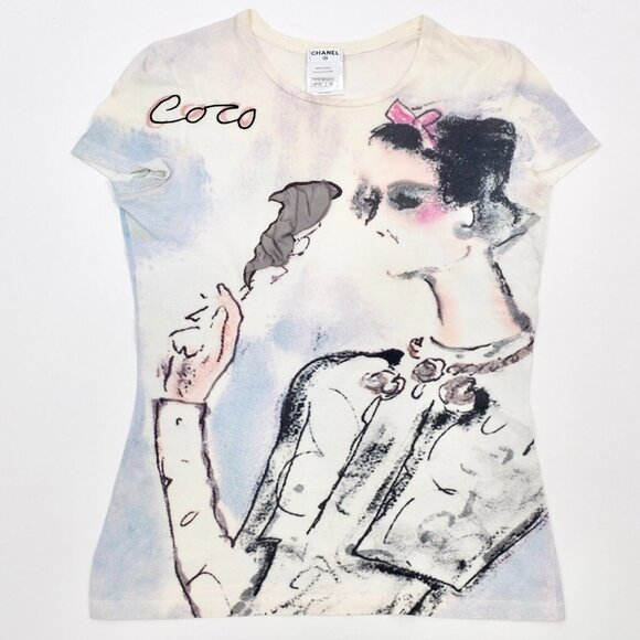 Chanel 2010 36 US 4 T shirt top Coco smoking watercolor painted - Picture 9 of 16